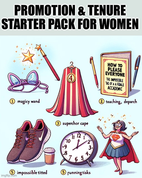 Promotion and tenure starter pack for women | PROMOTION & TENURE STARTER PACK FOR WOMEN | image tagged in professor,tenure,promotion,college | made w/ Imgflip meme maker