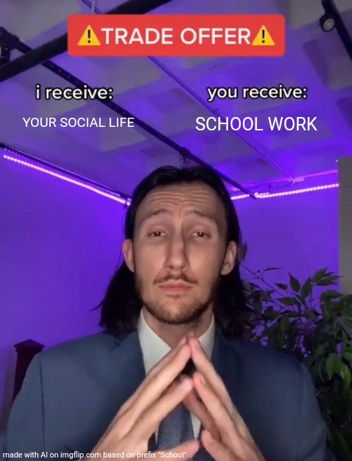 I put in school and out comes the expected | YOUR SOCIAL LIFE; SCHOOL WORK | image tagged in trade offer | made w/ Imgflip meme maker