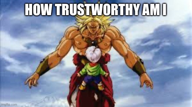 This is Goku I think | HOW TRUSTWORTHY AM I | image tagged in broly stares at kid trunks | made w/ Imgflip meme maker