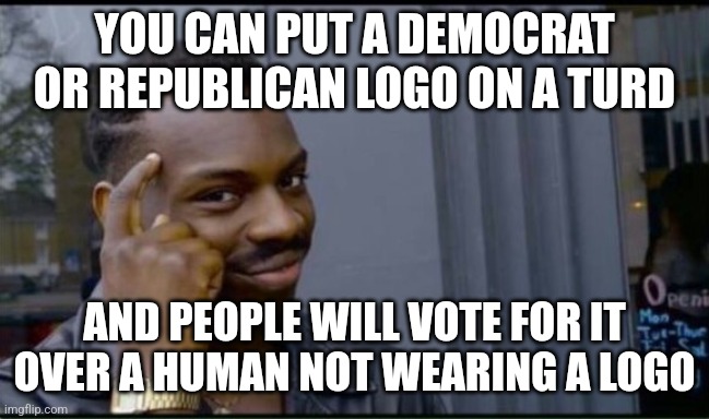 Thinking Black Man | YOU CAN PUT A DEMOCRAT OR REPUBLICAN LOGO ON A TURD AND PEOPLE WILL VOTE FOR IT OVER A HUMAN NOT WEARING A LOGO | image tagged in thinking black man | made w/ Imgflip meme maker