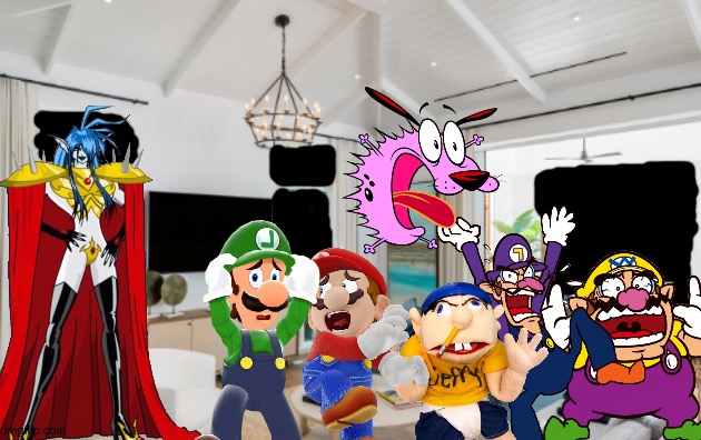 Wario and Friends dies by Hookocho because of a Breaking news flash on Movie night | image tagged in living room,wario dies,dexters lab,courage the cowardly dog,jeffy,super mario bros | made w/ Imgflip meme maker
