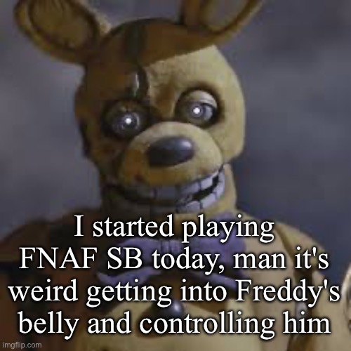 Springbonnie | I started playing FNAF SB today, man it's weird getting into Freddy's belly and controlling him | image tagged in springbonnie | made w/ Imgflip meme maker