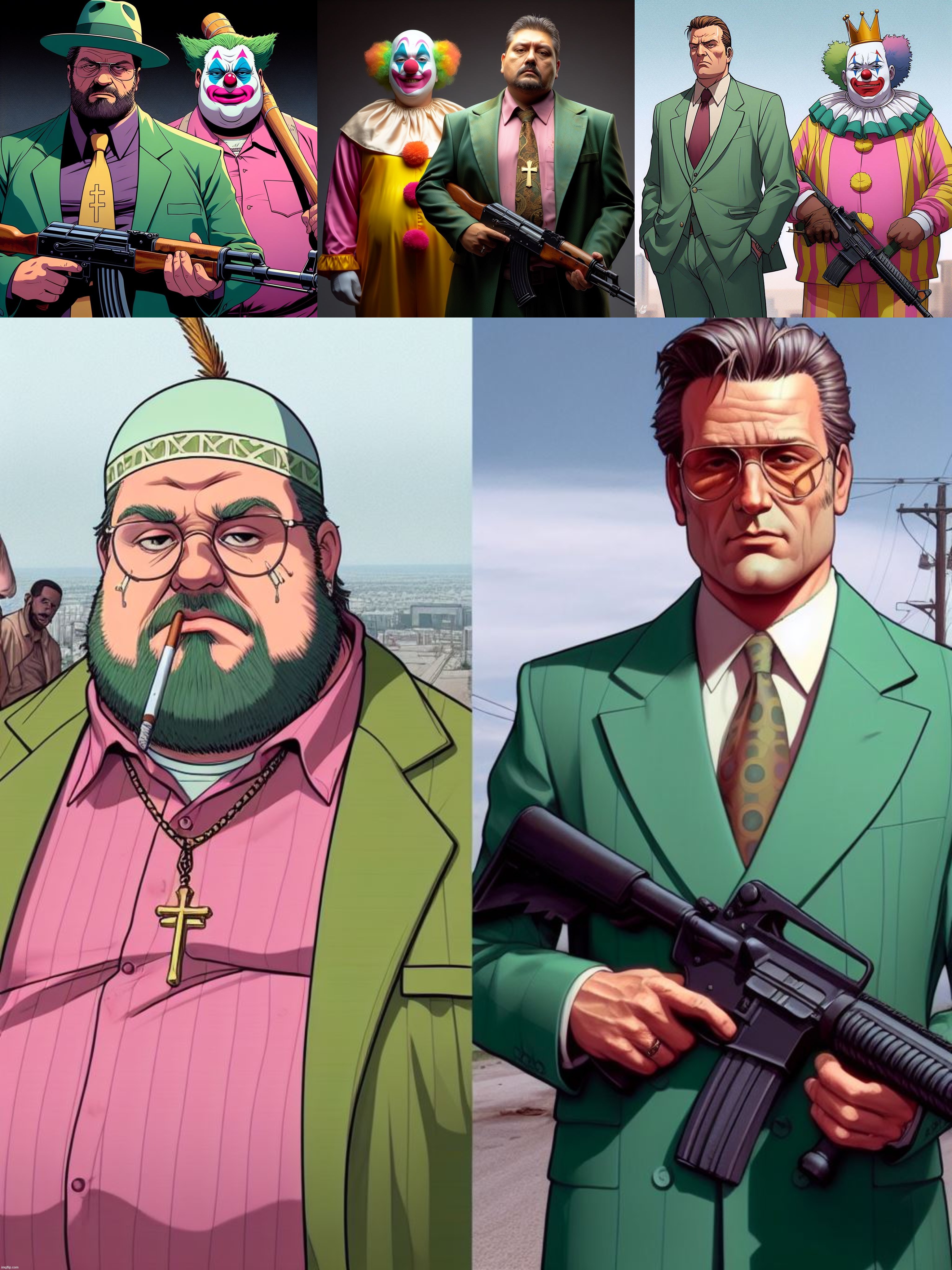 Ai Bing: My roommate's OCs described to AI. Religious Gangster and the clown who haunts him. Inspired by GTA, FF, and Resident E | image tagged in ai generated,clown,gangster,religious,grand theft auto,villain | made w/ Imgflip meme maker
