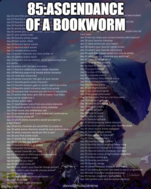 it's the only shojo i ever watched | 85:ASCENDANCE OF A BOOKWORM | image tagged in 100 day anime challenge | made w/ Imgflip meme maker