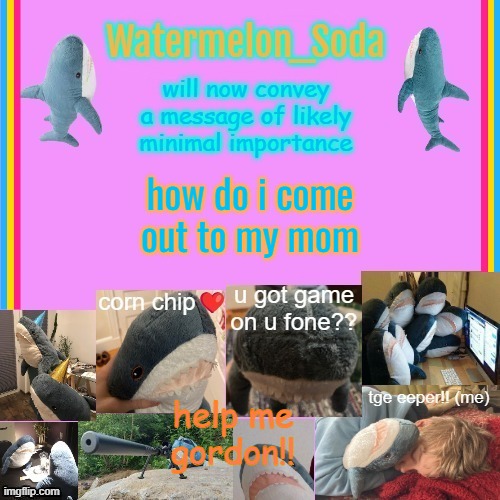 she'll probably be fine with it but i just can't muster up the willpower to | how do i come out to my mom; help me gordon!! | image tagged in soda's gayass blahaj temp | made w/ Imgflip meme maker