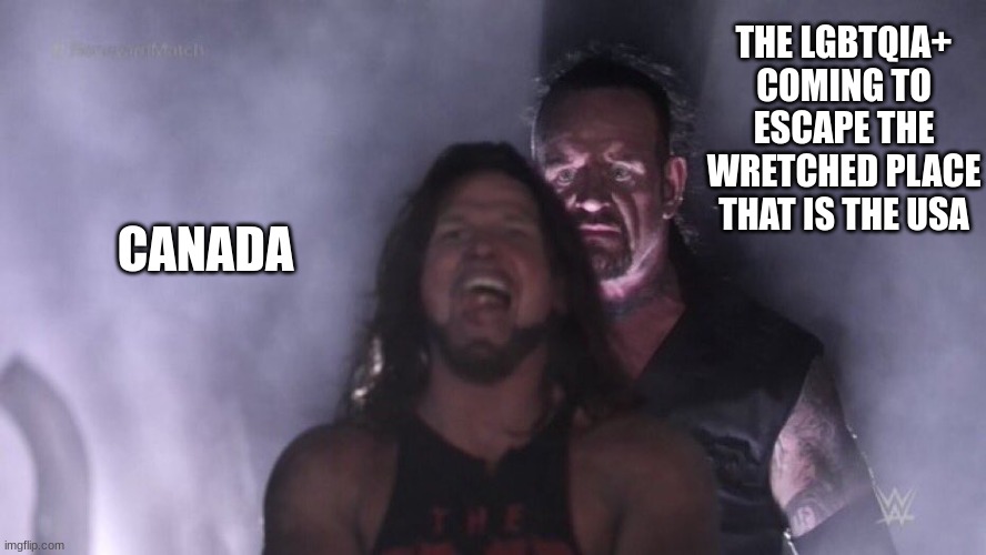 We don't like it here, help us | THE LGBTQIA+ COMING TO ESCAPE THE WRETCHED PLACE THAT IS THE USA; CANADA | image tagged in aj styles undertaker | made w/ Imgflip meme maker