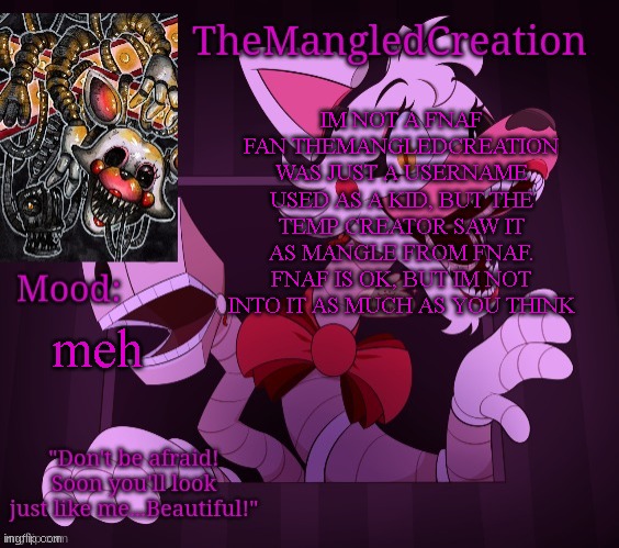 Temp For TheMangledCreation (By Evan) | IM NOT A FNAF FAN THEMANGLEDCREATION WAS JUST A USERNAME USED AS A KID, BUT THE TEMP CREATOR SAW IT AS MANGLE FROM FNAF. FNAF IS OK, BUT IM NOT INTO IT AS MUCH AS YOU THINK; meh | image tagged in temp for themangledcreation by evan | made w/ Imgflip meme maker