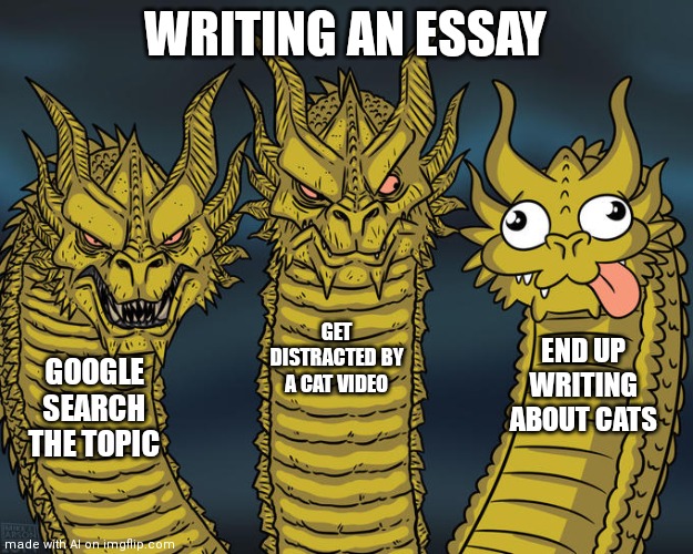 Fr this how every literacy class be XD | WRITING AN ESSAY; GET DISTRACTED BY A CAT VIDEO; END UP WRITING ABOUT CATS; GOOGLE SEARCH THE TOPIC | image tagged in three-headed dragon | made w/ Imgflip meme maker
