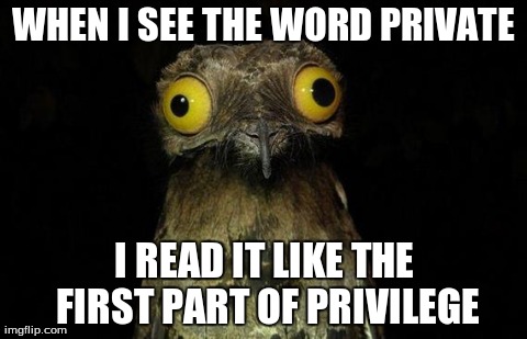 Weird Stuff I Do Potoo | WHEN I SEE THE WORD PRIVATE I READ IT LIKE THE FIRST PART OF PRIVILEGE | image tagged in memes,weird stuff i do potoo | made w/ Imgflip meme maker