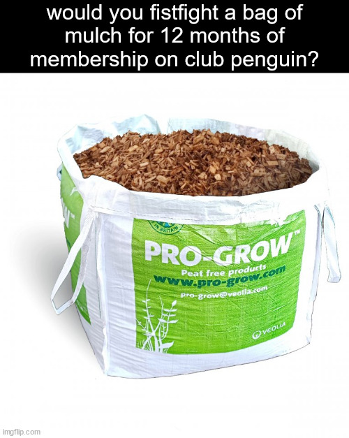 mulch | would you fistfight a bag of
mulch for 12 months of
membership on club penguin? | image tagged in mulch,money,funny,meme,farting,club penguin | made w/ Imgflip meme maker