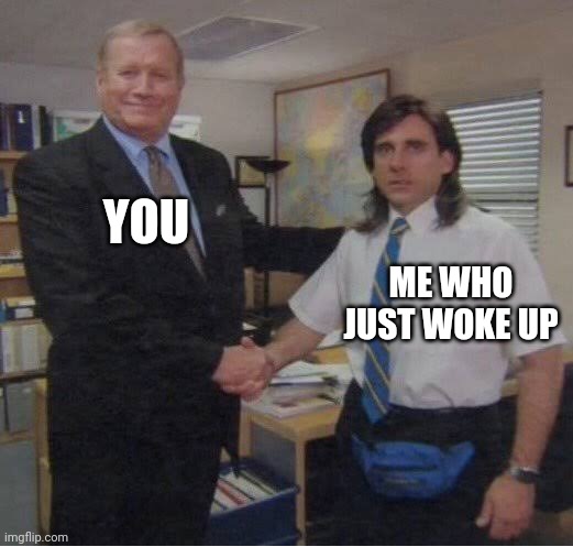 steve carell office handshake | YOU ME WHO JUST WOKE UP | image tagged in steve carell office handshake | made w/ Imgflip meme maker