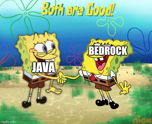 Java is more popular, and bedrock has more features. | JAVA; BEDROCK | image tagged in both are good | made w/ Imgflip meme maker