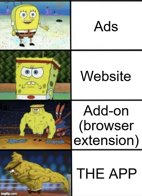 SpongeBob Strength | Ads; Website; Add-on
(browser extension); THE APP | image tagged in spongebob strength | made w/ Imgflip meme maker