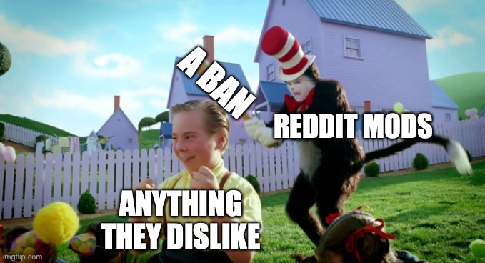 mods | A BAN; REDDIT MODS; ANYTHING THEY DISLIKE | image tagged in cat in the hat with a bat ______ colorized | made w/ Imgflip meme maker
