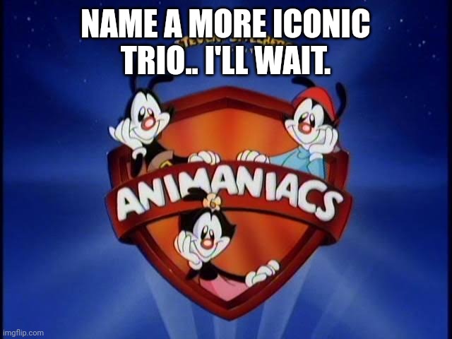 Anime-y, totally insane-y; [comment something to fill in this blank space-y] | NAME A MORE ICONIC TRIO.. I'LL WAIT. | image tagged in animaniacs | made w/ Imgflip meme maker