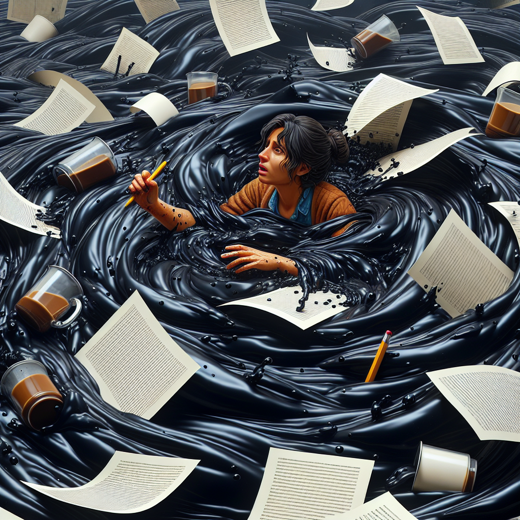 Writer drowning in coffee and papers Blank Meme Template