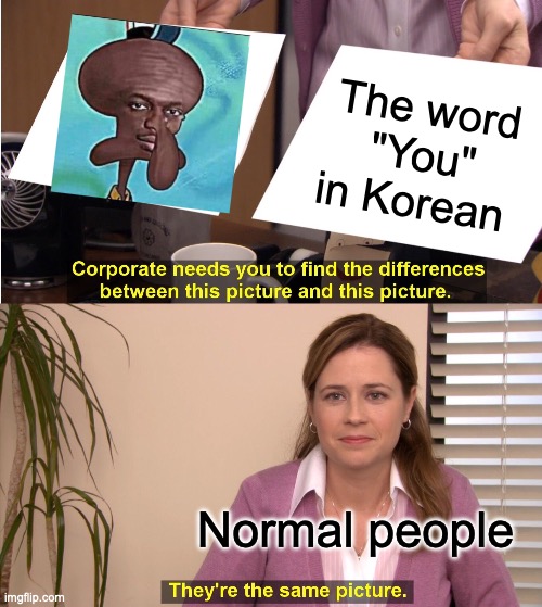 Languages. | The word "You" in Korean; Normal people | image tagged in memes,they're the same picture,ahhahahha,funny,dark | made w/ Imgflip meme maker