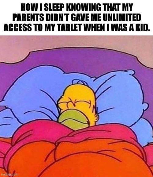 Huge respect for my parents. | HOW I SLEEP KNOWING THAT MY PARENTS DIDN’T GAVE ME UNLIMITED ACCESS TO MY TABLET WHEN I WAS A KID. | image tagged in homer simpson sleeping peacefully,memes,gen alpha,front page plz | made w/ Imgflip meme maker