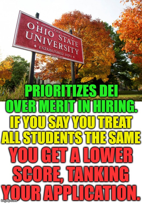 Think About Where You're Applying To | PRIORITIZES DEI OVER MERIT IN HIRING. IF YOU SAY YOU TREAT ALL STUDENTS THE SAME; YOU GET A LOWER SCORE, TANKING YOUR APPLICATION. | image tagged in memes,ohio state,dei,over,merit,employment | made w/ Imgflip meme maker