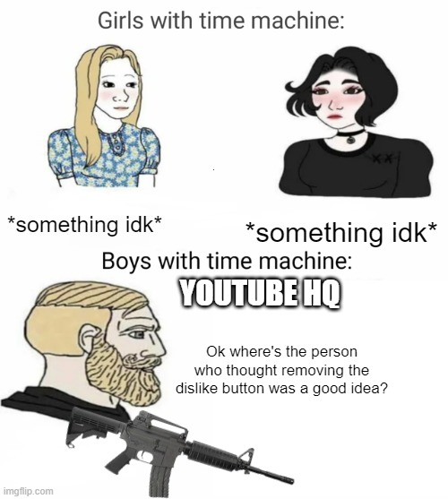 Time machine | *something idk*; *something idk*; YOUTUBE HQ; Ok where's the person who thought removing the dislike button was a good idea? | image tagged in time machine,memes | made w/ Imgflip meme maker