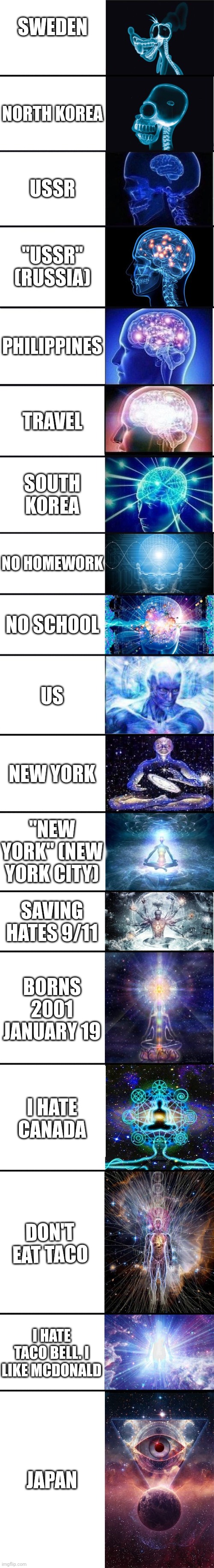 Timeline In Me Great_Memer says: I like tacos | SWEDEN; NORTH KOREA; USSR; "USSR" (RUSSIA); PHILIPPINES; TRAVEL; SOUTH KOREA; NO HOMEWORK; NO SCHOOL; US; NEW YORK; "NEW YORK" (NEW YORK CITY); SAVING HATES 9/11; BORNS 2001 JANUARY 19; I HATE CANADA; DON'T EAT TACO; I HATE TACO BELL. I LIKE MCDONALD; JAPAN | image tagged in expanding brain 9001 | made w/ Imgflip meme maker