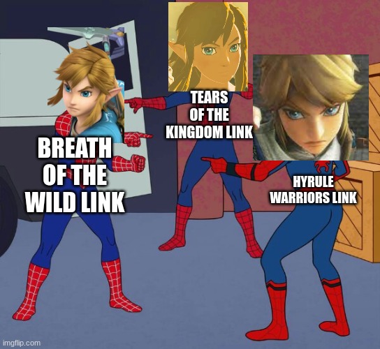 Spider Man Triple | TEARS OF THE KINGDOM LINK; BREATH OF THE WILD LINK; HYRULE WARRIORS LINK | image tagged in spider man triple | made w/ Imgflip meme maker