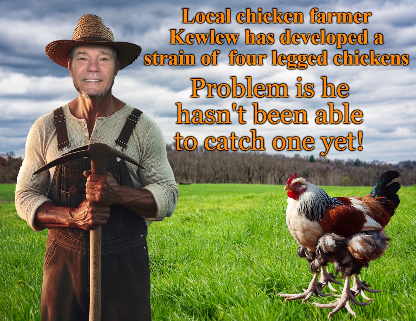 New strain of 4 legged chickens | Local chicken farmer Kewlew has developed a strain of  four legged chickens; Problem is he hasn't been able to catch one yet! | image tagged in 4 legged chickens,kewlew | made w/ Imgflip meme maker