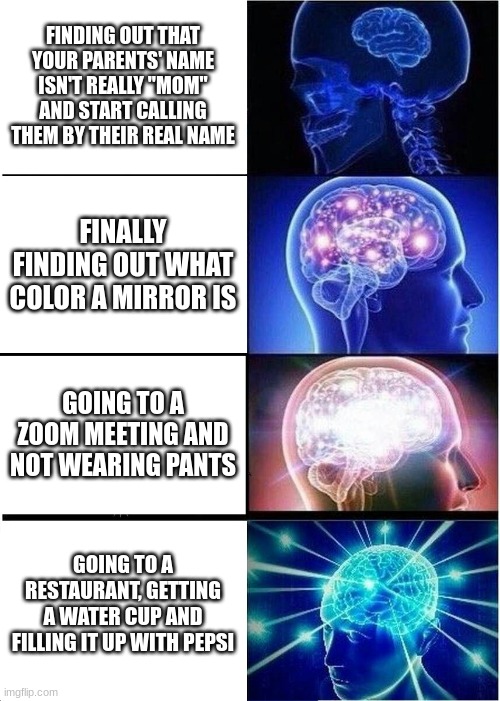 Big brain things | FINDING OUT THAT YOUR PARENTS' NAME ISN'T REALLY "MOM" AND START CALLING THEM BY THEIR REAL NAME; FINALLY FINDING OUT WHAT COLOR A MIRROR IS; GOING TO A ZOOM MEETING AND NOT WEARING PANTS; GOING TO A RESTAURANT, GETTING A WATER CUP AND FILLING IT UP WITH PEPSI | image tagged in memes,expanding brain | made w/ Imgflip meme maker