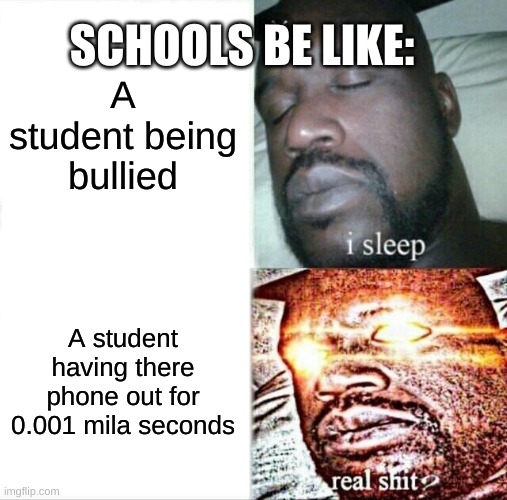 Lol- | SCHOOLS BE LIKE:; A student being bullied; A student having there phone out for 0.001 mila seconds | image tagged in memes,sleeping shaq | made w/ Imgflip meme maker