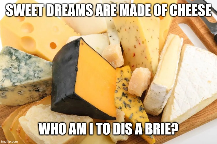 Cheese | SWEET DREAMS ARE MADE OF CHEESE; WHO AM I TO DIS A BRIE? | image tagged in cheese | made w/ Imgflip meme maker