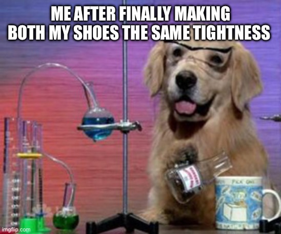 Idk if anyone else does this | ME AFTER FINALLY MAKING BOTH MY SHOES THE SAME TIGHTNESS | image tagged in science dog | made w/ Imgflip meme maker