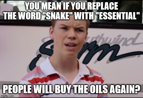 essential oils | YOU MEAN IF YOU REPLACE THE WORD "SNAKE" WITH "ESSENTIAL"; PEOPLE WILL BUY THE OILS AGAIN? | image tagged in you guys are getting paid | made w/ Imgflip meme maker