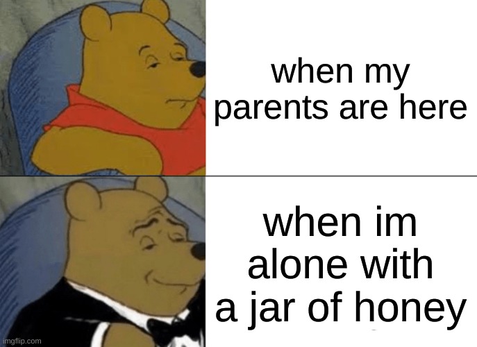 honey | when my parents are here; when im alone with a jar of honey | image tagged in memes,tuxedo winnie the pooh | made w/ Imgflip meme maker