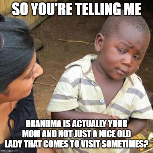 Mind Blown | SO YOU'RE TELLING ME; GRANDMA IS ACTUALLY YOUR MOM AND NOT JUST A NICE OLD LADY THAT COMES TO VISIT SOMETIMES? | image tagged in memes,third world skeptical kid | made w/ Imgflip meme maker