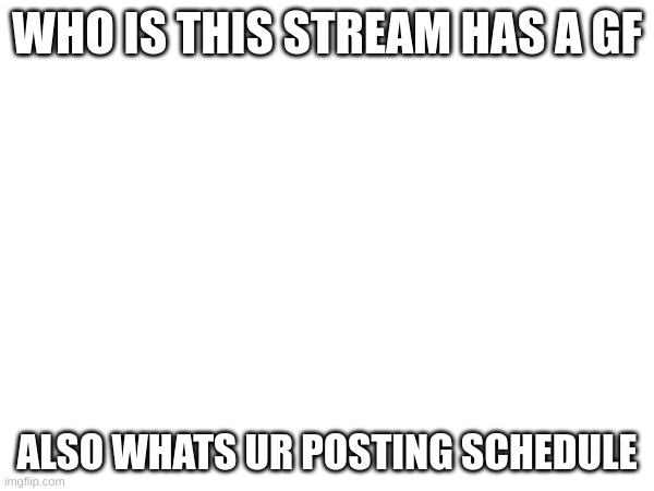 Who is this stream has a gf and whats ur posting schedule | WHO IS THIS STREAM HAS A GF; ALSO WHATS UR POSTING SCHEDULE | image tagged in memes,relationships,meme,lol,imgflip | made w/ Imgflip meme maker