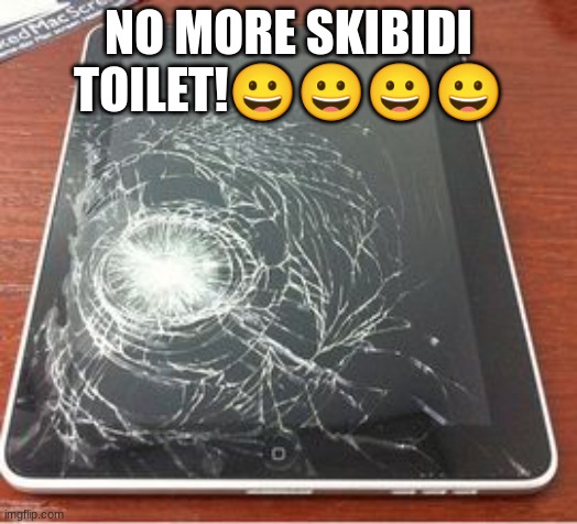 ipad kid go bye bye | NO MORE SKIBIDI TOILET!😀😀😀😀 | image tagged in broken ipad | made w/ Imgflip meme maker