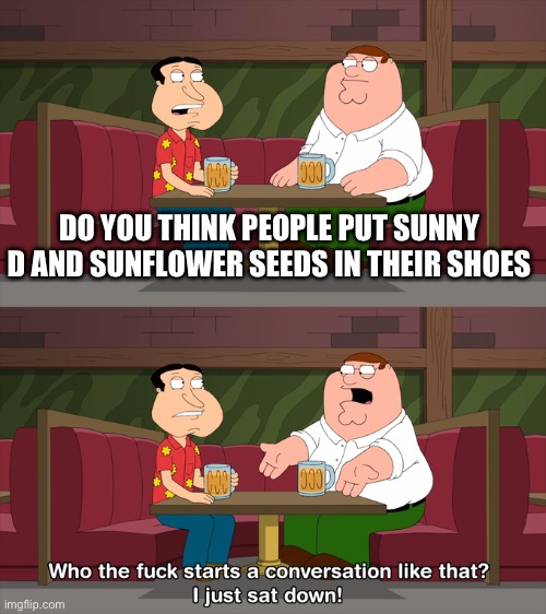 Who starts conversation like that | DO YOU THINK PEOPLE PUT SUNNY D AND SUNFLOWER SEEDS IN THEIR SHOES | image tagged in who starts conversation like that | made w/ Imgflip meme maker