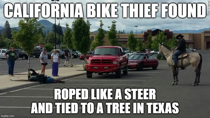Just Stop It | CALIFORNIA BIKE THIEF FOUND; ROPED LIKE A STEER
AND TIED TO A TREE IN TEXAS | image tagged in california,crime,texas,cowboy,police,theft | made w/ Imgflip meme maker