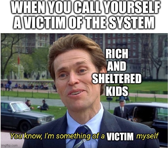 Don’t pull the victim card | WHEN YOU CALL YOURSELF A VICTIM OF THE SYSTEM; RICH AND SHELTERED KIDS; VICTIM | image tagged in you know i'm something of a _ myself,snowflakes,victim | made w/ Imgflip meme maker