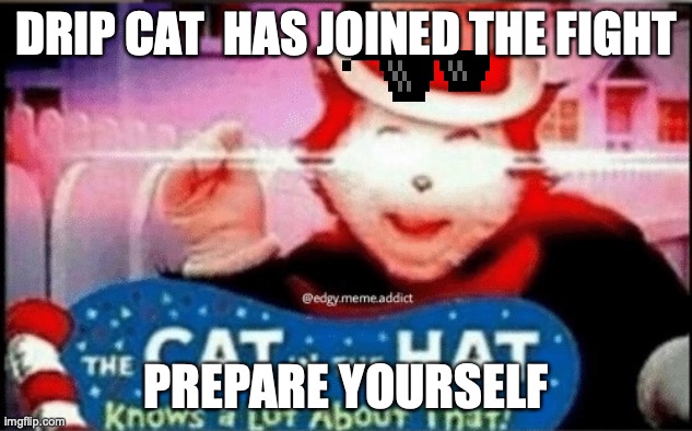 drip cat part4 | DRIP CAT  HAS JOINED THE FIGHT; PREPARE YOURSELF | image tagged in cat in the hat knows alot about that | made w/ Imgflip meme maker