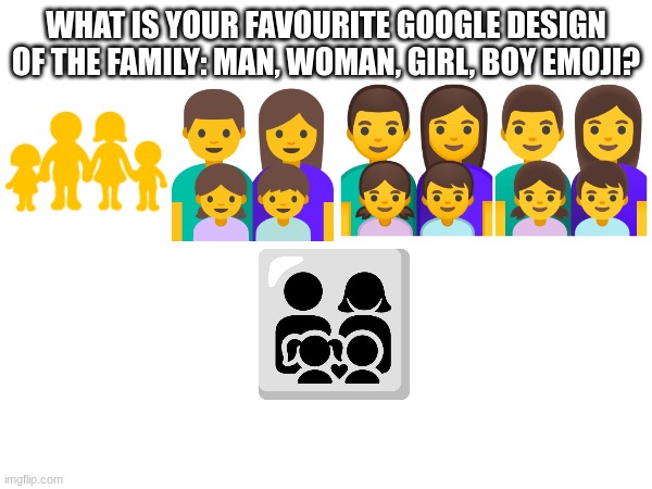 WHAT IS YOUR FAVOURITE GOOGLE DESIGN OF THE FAMILY: MAN, WOMAN, GIRL, BOY EMOJI? | image tagged in emoji,emojis | made w/ Imgflip meme maker