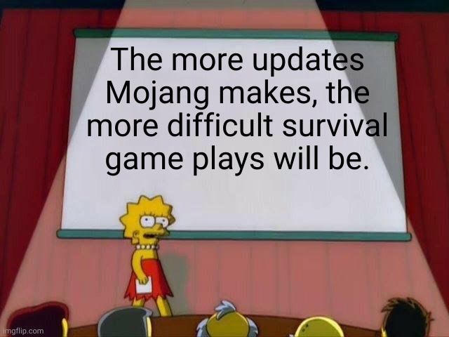 Lisa Simpson's Presentation | The more updates Mojang makes, the more difficult survival game plays will be. | image tagged in lisa simpson's presentation,minecraft,minecraft memes,survival | made w/ Imgflip meme maker