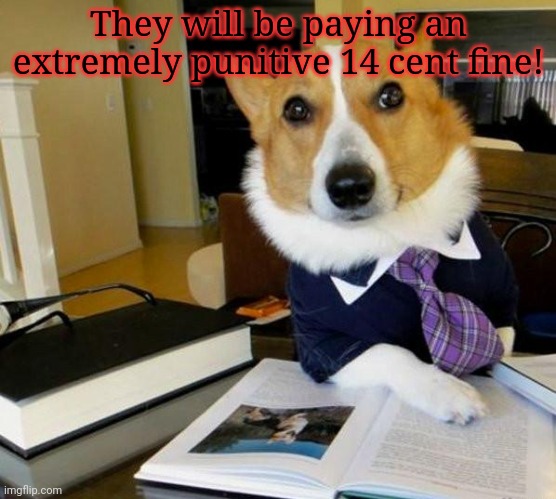 Lawyer Corgi Dog | They will be paying an extremely punitive 14 cent fine! | image tagged in lawyer corgi dog | made w/ Imgflip meme maker