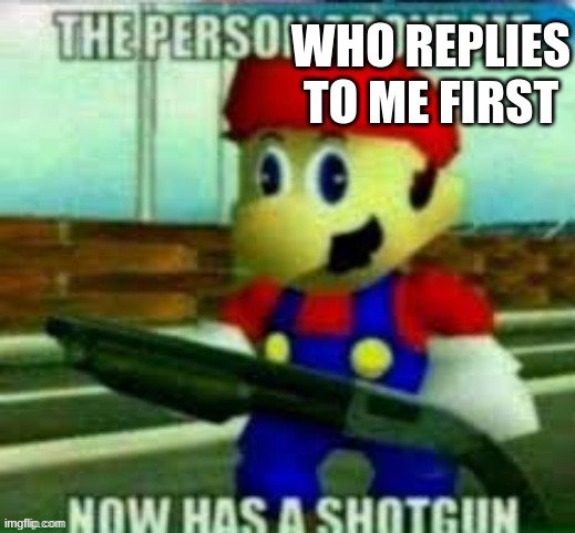 the person above me now has a shotgun | WHO REPLIES TO ME FIRST | image tagged in the person above me now has a shotgun | made w/ Imgflip meme maker