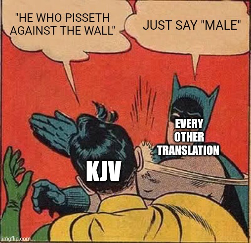 Batman Slapping Robin Meme | "HE WHO PISSETH AGAINST THE WALL"; JUST SAY "MALE"; EVERY OTHER TRANSLATION; KJV | image tagged in memes,batman slapping robin,funny,bible,christian | made w/ Imgflip meme maker