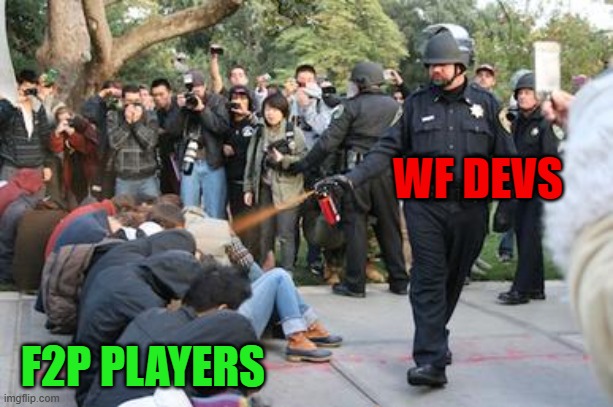 Wing Fighter Devs | WF DEVS; F2P PLAYERS | image tagged in go away | made w/ Imgflip meme maker