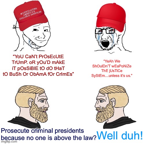 Omg yes! Please! | “YeAh We ShOulDn’T wEaPoNiZe ThE jUsTiCe SyStEm…unless it’s us.”; “YoU CaN’t PrOsEcUtE TrUmP. oR yOu’D mAkE iT pOsSiBlE tO dO tHaT tO BuSh Or ObAmA fOr CrImEs”; Prosecute criminal presidents because no one is above the law? Well duh! | image tagged in maga wojaks vs yes chad | made w/ Imgflip meme maker