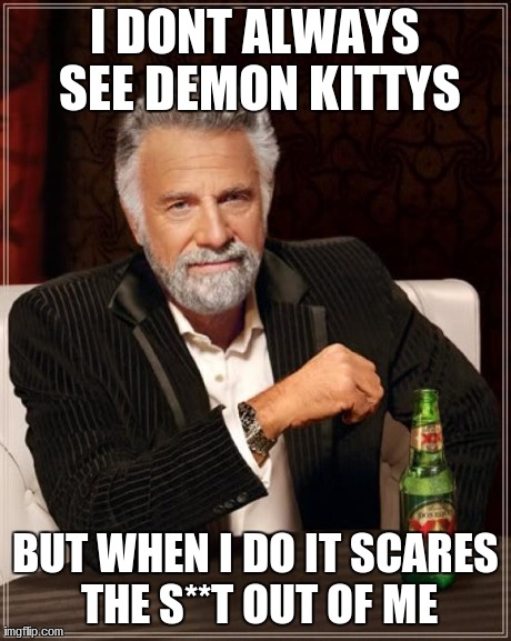 The Most Interesting Man In The World Meme | I DONT ALWAYS SEE DEMON KITTYS BUT WHEN I DO IT SCARES THE S**T OUT OF ME | image tagged in memes,the most interesting man in the world | made w/ Imgflip meme maker