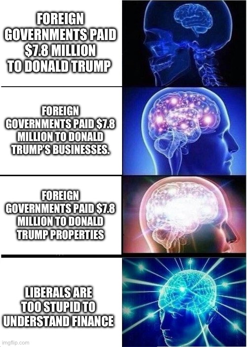 We’ve got him this time dag nabbit! | FOREIGN GOVERNMENTS PAID $7.8 MILLION TO DONALD TRUMP; FOREIGN GOVERNMENTS PAID $7.8 MILLION TO DONALD TRUMP’S BUSINESSES. FOREIGN GOVERNMENTS PAID $7.8 MILLION TO DONALD TRUMP PROPERTIES; LIBERALS ARE TOO STUPID TO UNDERSTAND FINANCE | image tagged in expanding brain,politics,donald trump,stupid liberals,liberal hypocrisy,media lies | made w/ Imgflip meme maker