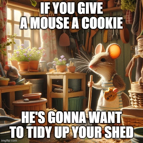 IF YOU GIVE A MOUSE A COOKIE; HE'S GONNA WANT TO TIDY UP YOUR SHED | made w/ Imgflip meme maker